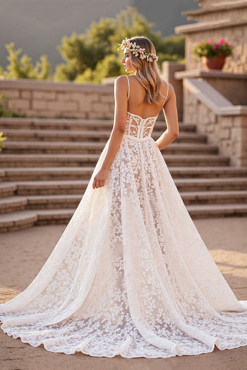 Lace Ivory A Line Spaghetti Straps Wedding Dress